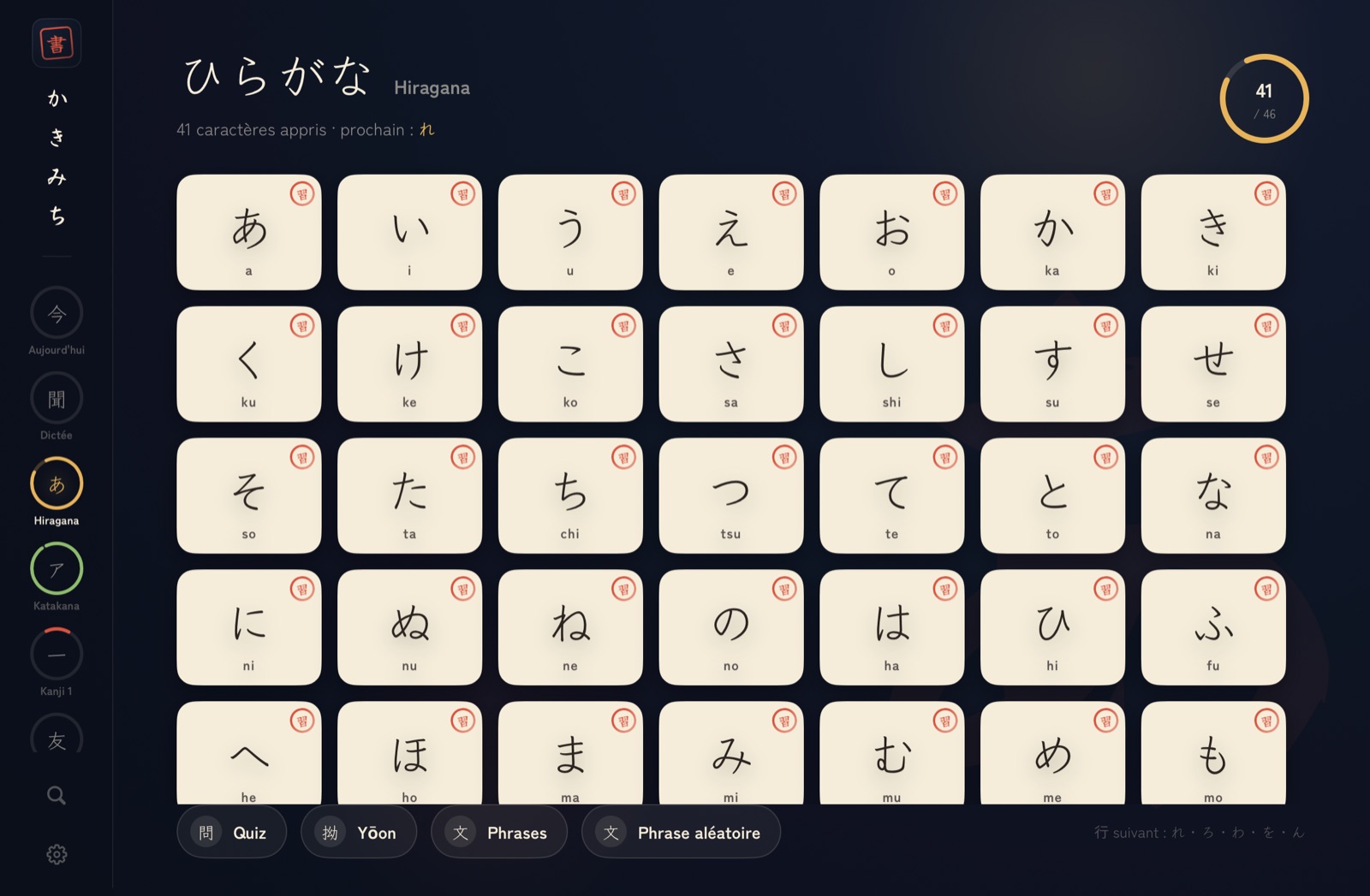 La grille des hiragana dans Kakimichi : 41 caractères appris marqués d'un hanko